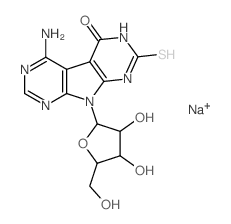 sodium salt of 4-amino-9-(β-D-ribofuranosyl)pyrrolo<2,3-d:5,4-d'>dipyrimidin-5-one-7-thione结构式