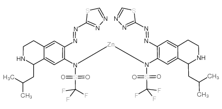 双[1,1,1-三氟-N-[1,2,3,4-四氢-1-(2-甲基丙基)-6-[(1,3,4-噻二唑-2-基-N3)偶氮-N1]-7-异喹啉基]甲磺酰胺根合-N]锌结构式