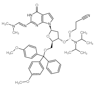 5'-o-(4,4'-dimethoxytrityl)-n2-dimethylaminomethylene-7-deaza-2'-deoxyguanosine, 3'-[(2-cyanoethyl)-(n,n-diisopropyl)]phosphoramidite Structure
