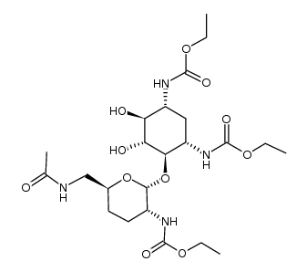 diethyl ((1R,3S,4R,5R,6S)-4-(((2R,3R,6S)-6-(acetamidomethyl)-3-((ethoxycarbonyl)amino)tetrahydro-2H-pyran-2-yl)oxy)-5,6-dihydroxycyclohexane-1,3-diyl)dicarbamate结构式