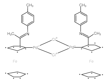 di-m-chlorobis[2-[1-[(4-methylphenyl)imino]ethyl]ferrocenyl-c,n]di-palladium结构式