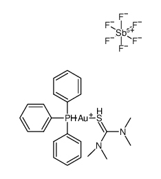 ((bis(dimethylamino)methylene)-4-sulfanyl)(triphenyl-5-phosphanyl)gold(III) hexafluorostibate(V)结构式
