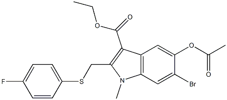 乙基 5-乙酰氧基-6-溴-2-((4-氟苯基硫代)甲基)-1-甲基-1H-吲哚-3-羧酸酯结构式