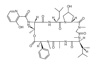 N-(3-hydroxy-pyridine-2-carbonyl)-Ls-threonyl->D-leucyl->cis-4-hydroxy-D-prolyl->N-methyl-glycyl->4,N-dimethyl-L-alloisoleucyl->L-alanyl->(S)-N-methyl-2-phenyl-glycine [1]3-lactone Structure