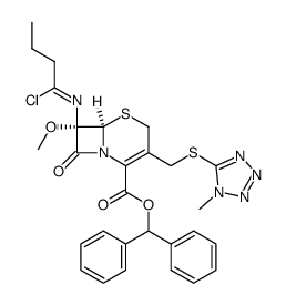 benzhydryl (6R,7S)-7-((1-chlorobutylidene)amino)-7-methoxy-3-(((1-methyl-1H-tetrazol-5-yl)thio)methyl)-8-oxo-5-thia-1-azabicyclo[4.2.0]oct-2-ene-2-carboxylate Structure