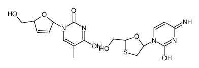 4-amino-1-[(2R,5S)-2-(hydroxymethyl)-1,3-oxathiolan-5-yl]pyrimidin-2-one,1-[(2R,5S)-5-(hydroxymethyl)-2,5-dihydrofuran-2-yl]-5-methylpyrimidine-2,4-dione结构式