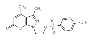 5,7-dimethyl-9-[2-(4-methylphenyl)sulfonyloxyethyl]-2-oxa-8,9-diazabicyclo[4.3.0]nona-4,7,10-trien-3-one结构式