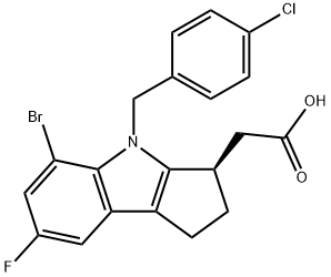 (R)-2-(5-溴-4-(4-氯苄基)-7-氟-1,2,3,4-四氢环戊二烯并[B]吲哚-3-基)乙酸结构式