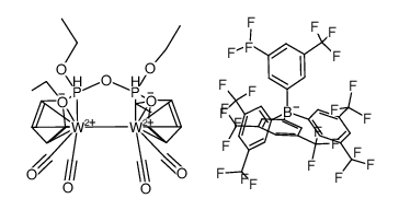 [W2Cp2(μ-H)(CO)2(μ-(EtO)2POP(OEt)2)](B(3,5-C6H3(CF3)2)4) Structure