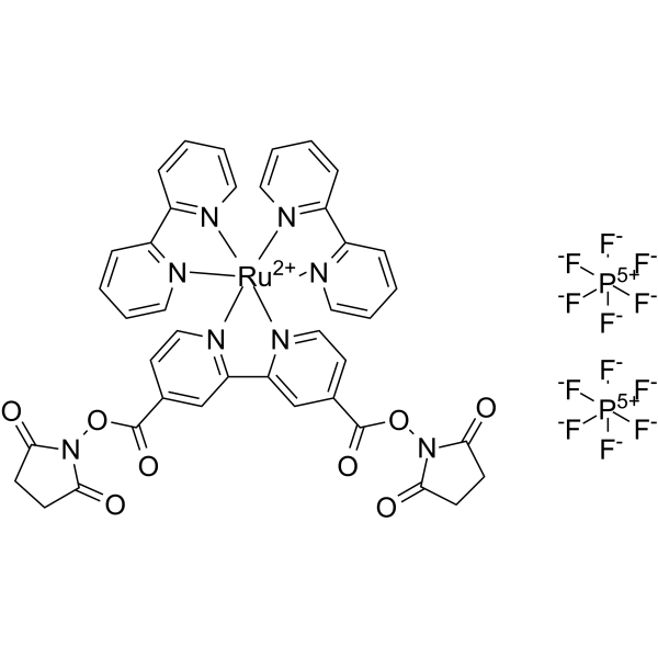 双(2,2'-联吡啶)-4,4'-二羧基联吡啶-钌二(N-琥珀酰亚胺酯)双(六氟磷酸酯)结构式