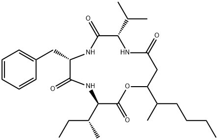 N-[N-[N-(3-Hydroxy-4-methyl-1-oxooctyl)-L-valyl]-L-phenylalanyl]-D-isoleucine λ-lactone结构式