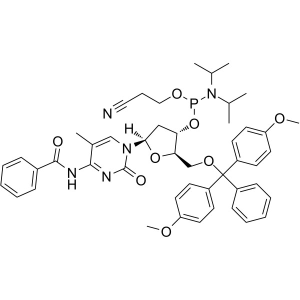 5'-O-(4,4'-二甲氧基三苯甲基)-5-甲基-N4-苯甲酰基-2'-脱氧胞苷-3'-(2-氰基乙基-N,N-二异丙基)亚磷酰胺结构式