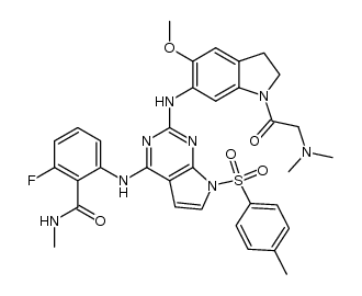 2-({2-{[1-(N,N-dimethylglycyl)-5-(methyloxy)-2,3-dihydro-1H-indol-6-yl]amino}-7-[(4-methylphenyl)sulfonyl]-7H-pyrrolo[2,3-d]pyrimidin-4-yl}amino)-6-fluoro-N-methylbenzamide结构式