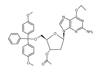 3'-O-acetyl-5'-O-(4,4'-dimethoxytrityl)-6-O-ethyl-2'-deoxyguanosine Structure