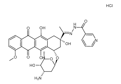 N'-(1-((2S,4S)-4-(((2R,4S,5S,6S)-4-amino-5-hydroxy-6-methyltetrahydro-2H-pyran-2-yl)oxy)-2,5,12-trihydroxy-7-methoxy-6,11-dioxo-1,2,3,4,6,11-hexahydrotetracen-2-yl)ethylidene)nicotinohydrazide hydrochloride结构式