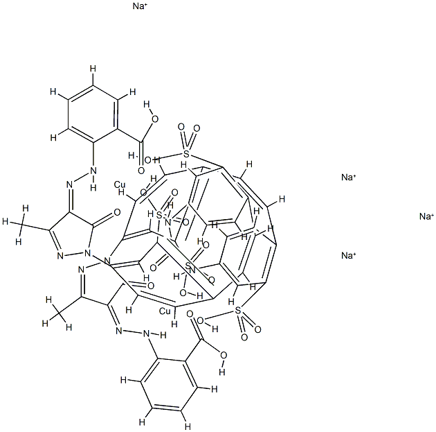 [Μ-[[2,2'-[羰基二[亚氨基(2-磺基-4,1-苯亚基)-2,1-乙烯二基(3-磺基-4,1-苯亚基)[4,5-二氢-3-甲基-5-(氧代)-1H-吡唑-1,4-二基]偶氮]]二(苯甲酸基)]]]合二铜酸四钠结构式