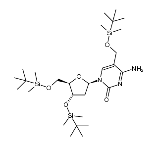 2'-脱氧-3',5'-双-O-[((1,1-二甲基乙基)二甲基甲硅烷基]-5-[[[((1,1-二甲基乙基)二甲基甲硅烷基]氧基]甲基]胞苷结构式