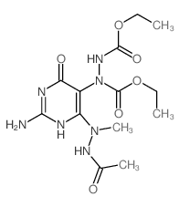 1,2-Hydrazinedicarboxylicacid,1-[4-(2-acetyl-1-methylhydrazinyl)-2-amino-1,6-dihydro-6-oxo-5-pyrimidinyl]-,1,2-diethyl ester结构式
