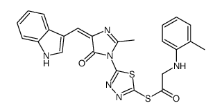 (5E)-5-(1H-indol-3-ylmethylidene)-2-methyl-3-[5-[2-[(2-methylphenyl)am ino]acetyl]sulfanyl-1,3,4-thiadiazol-2-yl]imidazol-4-one结构式