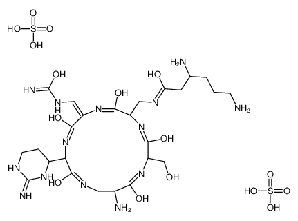3,6-diamino-N-[[(8Z)-15-amino-11-(2-amino-1,4,5,6-tetrahydropyrimidin-6-yl)-8-[(carbamoylamino)methylidene]-2-(hydroxymethyl)-3,6,9,12,16-pentaoxo-1,4,7,10,13-pentazacyclohexadec-5-yl]methyl]hexanamide,sulfuric acid Structure