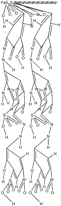 二[3-[[2-氨基-5-羟基-6-[(2-羟基-5-硝基-3-磺苯基)偶氮]-7-磺基-1-萘基]偶氮]-2-羟基-5-磺基苯甲酸根合(6-)]高铁酸(9-)九钠结构式