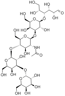 O-ALPHA-D-吡喃半乳糖基-(1-3)-O-BETA-D-吡喃半乳糖基-(1-4)-O-2-(乙酰氨基)-2-脱氧-BETA-D-吡喃葡萄糖基-(1-3)-O-BETA-D-吡喃半乳糖基-(1-4)-D-葡萄糖结构式