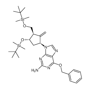 6-(benzyloxy)-9-((1S,3R,4S)-4-((tert-butyldimethylsilyl)oxy)-3-(((tert-butyldimethylsilyl)oxy)methyl)-2-methylenecyclopentyl)-9H-purin-2-amine结构式