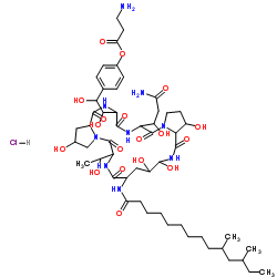 4-{2-[20-(3-Amino-1-hydroxy-3-oxopropyl)-9-[(10,12-dimethyltetradecanoyl)amino]-2,11,12,15-tetrahydroxy-6-(1-hydroxyethyl)-5,8,14,19,22,25-hexaoxotetracosahydro-1H-dipyrrolo[2,1-c:2',1'-l][1,4,7,10,13,16]hexaazacyclohenicosin-23-yl]-1,2-dihydroxyethyl}phenyl β-alaninate hydrochloride (1:1)结构式