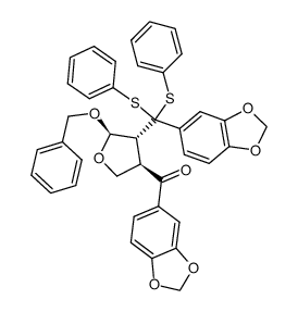(+)-(2S,3S,4R)-2-(Benzyloxy)-4-(3,4-(methylenedioxy)benzoyl)-3-((3,4-(methylenedioxy)phenyl)bis(phenylthio)methyl)tetrahydrofuran Structure