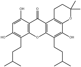 2,3-Dihydro-5,9,11-trihydroxy-3,3-dimethyl-6,8-bis(3-methylbutyl)pyrano[3,2-a]xanthen-12(1H)-one结构式