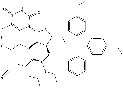 (R)-5'-O-[二(4-甲氧基苯基)苯基甲基]-2'-O-(2-甲氧基乙基)-5-甲基尿苷 3'-[2-氰基乙基 二异丙基氨基亚磷酸酯]结构式