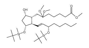 methyl 7-((1R,2R,3R,5S)-3-((tert-butyldimethylsilyl)oxy)-2-((S,E)-3-((tert-butyldimethylsilyl)oxy)oct-1-en-1-yl)-5-hydroxycyclopentyl)-6,6-dimethoxyheptanoate结构式