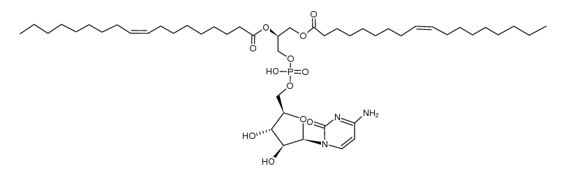 (2S)-3-(((((2R,3S,4S,5R)-5-(4-amino-2-oxopyrimidin-1(2H)-yl)-3,4-dihydroxytetrahydrofuran-2-yl)methoxy)(hydroxy)phosphoryl)oxy)propane-1,2-diyl dioleate结构式