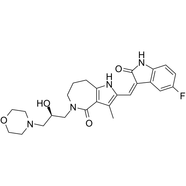 2-[(Z)-(5-fluoro-2-oxo-1H-indol-3-ylidene)methyl]-5-[(2R)-2-hydroxy-3-morpholin-4-ylpropyl]-3-methyl-1,6,7,8-tetrahydropyrrolo[3,2-c]azepin-4-one结构式