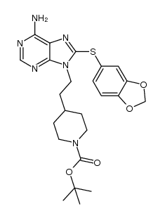 tert-butyl 4-{2-[6-amino-8-(1,3-benzodioxol-5-ylthio)-9H-purin-9-yl]ethyl}piperidine-1-carboxylate structure