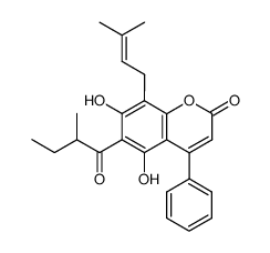 5,7-Dihydroxy-8-(3-methyl-2-butenyl)-6-(2-methylbutyryl)-4-phenyl-2H-1-benzopyran-2-one结构式