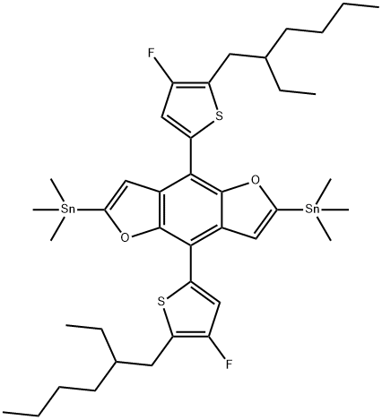 1,1'-[4,8-双[5-(2-乙基己基)-4-氟-2-噻吩基]苯并[1,2-B:4,5-B']二呋喃-2,6-二基 ]双[1,1,1-三甲基锡烷]结构式