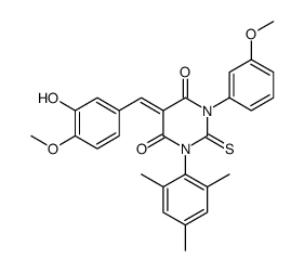(5E)-5-[(3-hydroxy-4-methoxyphenyl)methylidene]-1-(3-methoxyphenyl)-2-sulfanylidene-3-(2,4,6-trimethylphenyl)-1,3-diazinane-4,6-dione Structure