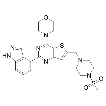 2-(1H-吲唑-4-基)-6-[[4-(甲基磺酰基)-1-哌嗪基]甲基]-4-(4-吗啉基)噻吩并[3,2-D]嘧啶结构式