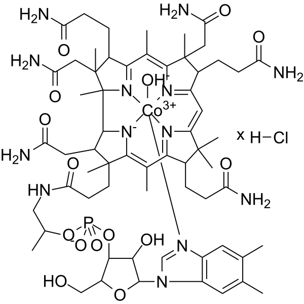 Cobinamide,Co-hydroxy-, f-(dihydrogen phosphate), inner salt, 3'-ester with(5,6-dimethyl-1-a-D-ribofuranosyl-1H-benzimidazole-kN3), hydrochloride (1:?) Structure