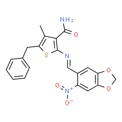 5-benzyl-4-methyl-2-{[(6-nitro-1,3-benzodioxol-5-yl)methylene]amino}-3-thiophenecarboxamide结构式
