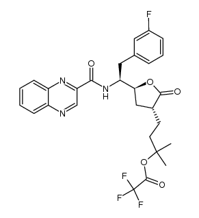trifluoro-acetic acid 3-(5-{2-(3-fluoro-phenyl)-1-[(quinoxaline-2-carbonyl)-amino]-ethyl}-2-oxo-tetrahydrofuran-3-yl)-1,1-dimethyl-propyl ester结构式