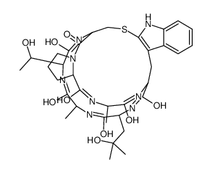 Cyclo(L-Ala-D-Thr-L-Cys(1)-L-Pro-L-Ala-L-Trp2(1)-4-hydroxy-L-Leu-) structure