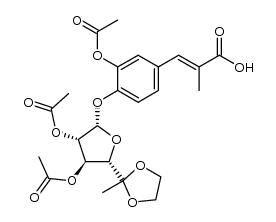 2-acetoxy-4-[(E)-2-carboxy-1-propen-1-yl]phenyl 2',3'-di-O-acetyl-6'-deoxy-β-D-arabino-5'-hexulofuranoside ethylene acetal Structure