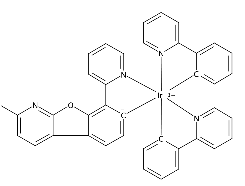 双(2-苯基吡啶-N,C2)-[2-甲基-8-(2-吡啶基-N)苯并呋喃[2,3-b]吡啶基-C7]合铱结构式