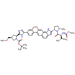 (2S,4S)-2-[5-[1,11-Dihydro-2-[(2S,5S)-1-[(2S)-2-[(methoxycarbonyl)amino]-3-methyl-1-oxobutyl]-5-methyl-2-pyrrolidinyl][2]benzopyrano[4',3':6,7]naphth[1,2-d]imidazol-9-yl]-1H-imidazol-2-yl]-4-(methoxymethyl)-1-pyrrolidinecarboxylic acid 1,1-dimethylethyl ester Structure