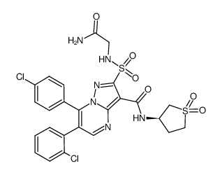 (R)-2-[N-(carbamoylmethyl)sulfamoyl]-6-(2-chlorophenyl)-7-(4-chlorophenyl)-3-[N-(1,1-dioxotetrahydrothien-3-yl)carbamoyl]pyrazolo[1,5-a]pyrimidine结构式