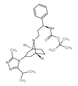 N-叔丁氧羰基-(1S)-3-[3-(3-异丙基-5-甲基-4H-1,2,4-三唑-4-基)-外-8-氮杂双环[3.2.1]辛-8-基]-1-苯基-1-丙胺结构式