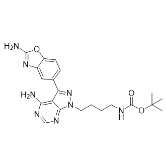 叔丁基(4-(4-氨基-3-(2-氨基苯并[d]噁唑-5-基)-1H-吡唑并[3,4-d]嘧啶-1-基)丁基)氨基甲酸酯结构式