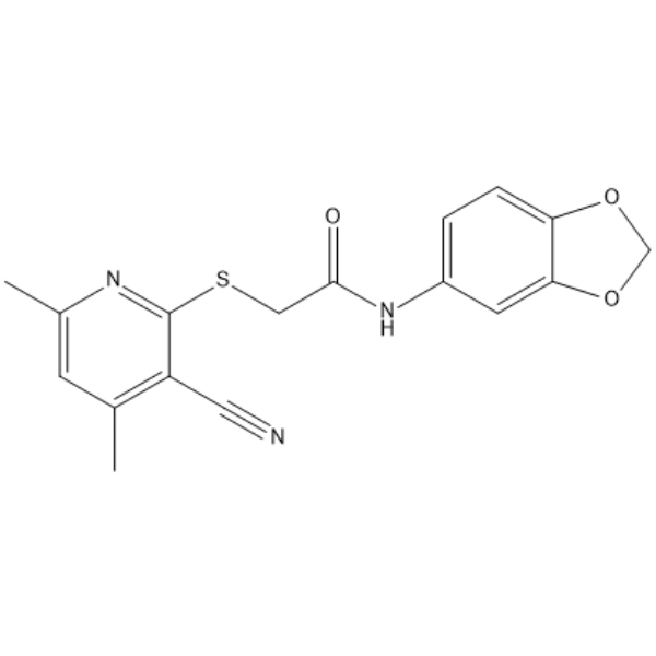 N-(苯并[d][1,3]二氧戊环-5-基)-2-((3-氰基-4,6-二甲基吡啶-2-基)硫基)乙酰胺结构式